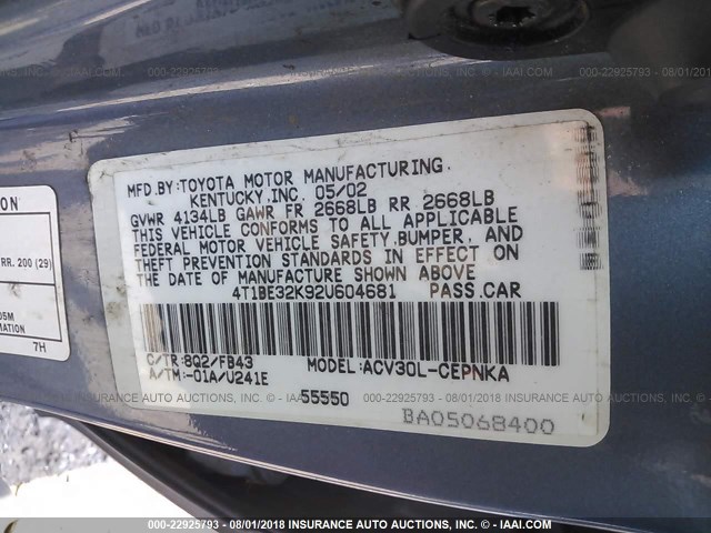 4T1BE32K92U604681 - 2002 TOYOTA CAMRY LE/XLE/SE 蓝色 照片 9