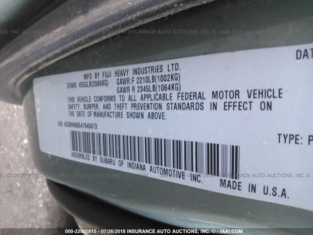 4S3BH686547645673 - 2004 SUBARU LEGACY OUTBACK LIMITED GREEN photo 9