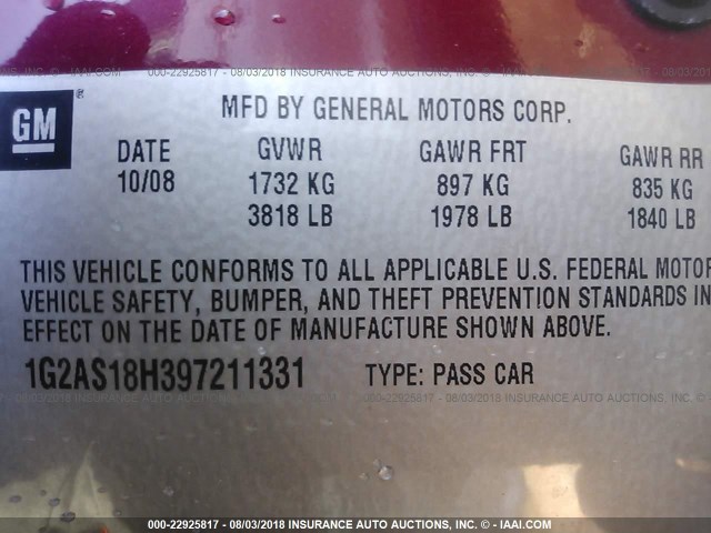 1G2AS18H397211331 - 2009 PONTIAC G5 RED photo 9