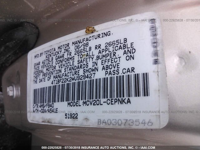 4T1BF22K2WU929427 - 1998 TOYOTA CAMRY CE/LE/XLE TAN photo 9