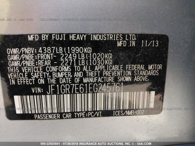 JF1GR7E61EG245761 - 2014 SUBARU IMPREZA WRX SILVER photo 9