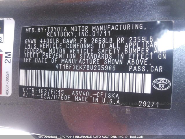 4T1BF3EK7BU205986 - 2011 TOYOTA CAMRY SE/LE/XLE ნაცრისფერი ფოტო 9