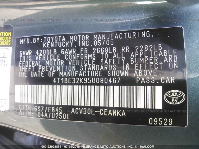 4T1BE32K95U080467 - 2005 TOYOTA CAMRY LE/XLE/SE 绿色 照片 9