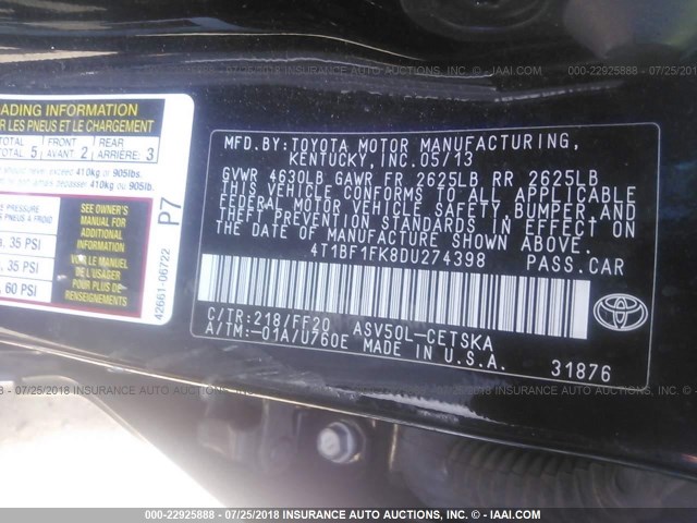 4T1BF1FK8DU274398 - 2013 TOYOTA CAMRY L/SE/LE/XLE 黑色 照片 9