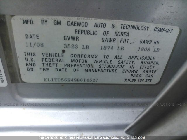 KL1TD56E49B614527 - 2009 CHEVROLET AVEO LS/LT 银色 照片 9