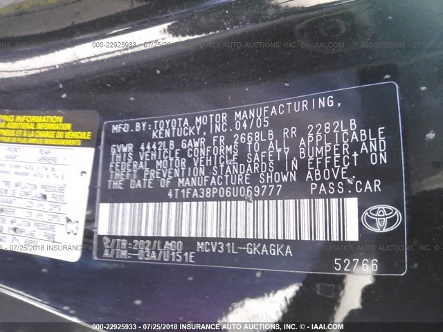 4T1FA38P06U069777 - 2006 TOYOTA CAMRY SOLARA SE/SLE Qara foto 9