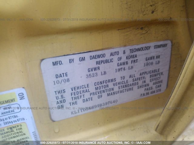 KL1TD56E99B397640 - 2009 CHEVROLET AVEO LS/LT 黄色 照片 9