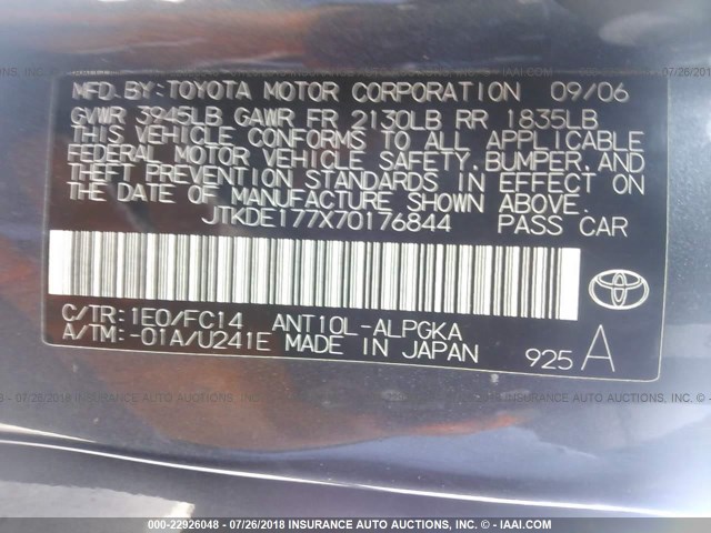 JTKDE177X70176844 - 2007 TOYOTA SCION TC 灰色 照片 9