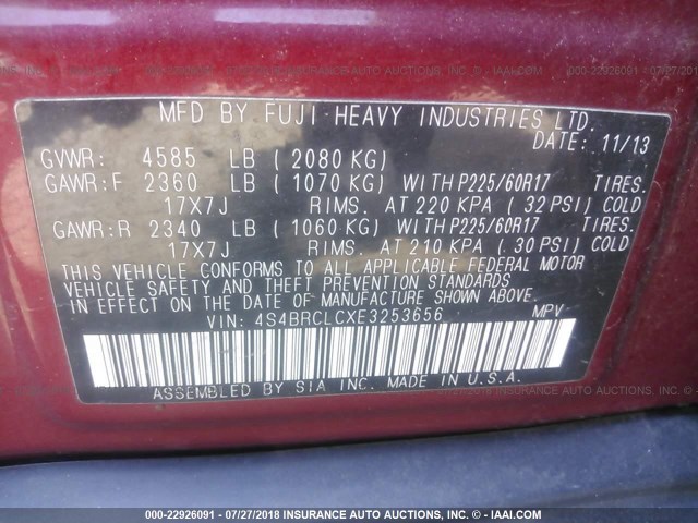 4S4BRCLCXE3253656 - 2014 SUBARU OUTBACK 2.5I LIMITED RED photo 9