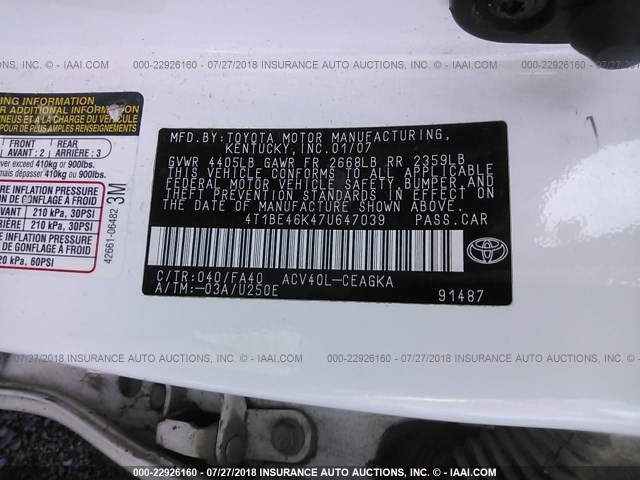 4T1BE46K47U647039 - 2007 TOYOTA CAMRY NEW GENERAT CE/LE/XLE/SE WHITE photo 9