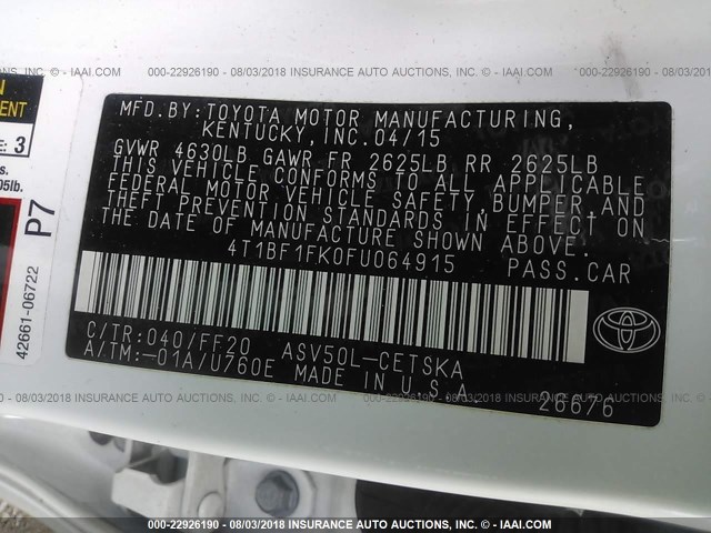 4T1BF1FK0FU064915 - 2015 TOYOTA CAMRY LE/XLE/SE/XSE WHITE photo 9
