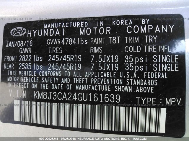 KM8J3CA24GU161639 - 2016 HYUNDAI TUCSON LIMITED/SPORT AND ECO/SE SILVER photo 9