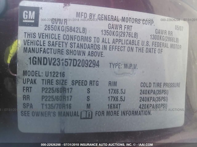 1GNDV23157D209294 - 2007 CHEVROLET UPLANDER LS Շագանակագույն լուսանկար 9