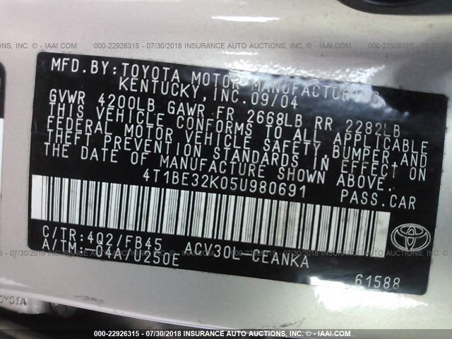 4T1BE32K05U980691 - 2005 TOYOTA CAMRY LE/XLE/SE 棕色 照片 9