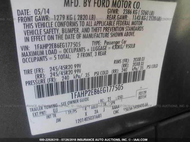 1FAHP2E86EG177505 - 2014 FORD TAURUS SEL GRAY photo 9