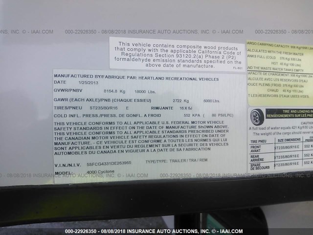5SFCG4331DE263965 - 2013 HEARTLAND CYCLONE 4000  თეთრი ფოტო 10
