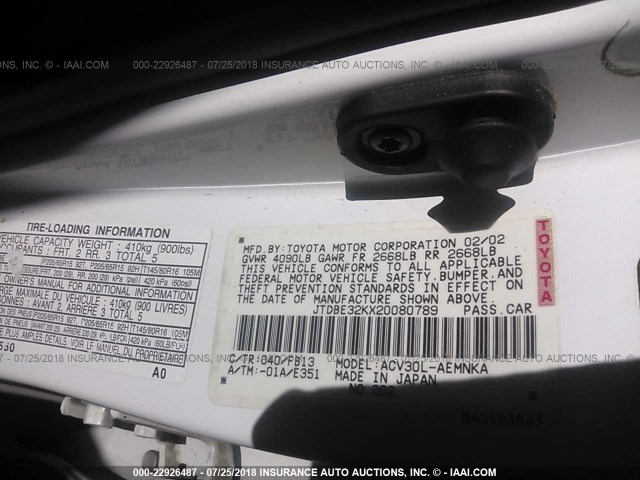 JTDBE32KX20080789 - 2002 TOYOTA CAMRY LE/XLE/SE Ağ foto 9