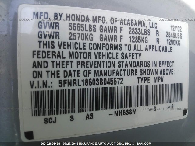 5FNRL18603B045572 - 2003 HONDA ODYSSEY GRAY photo 9