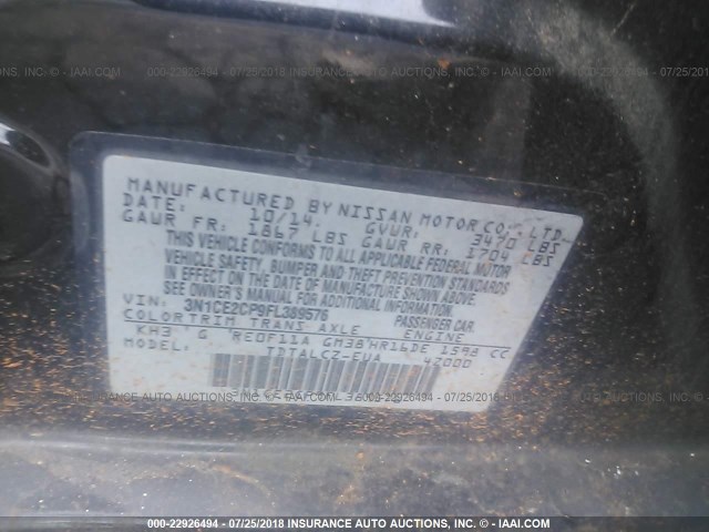 3N1CE2CP9FL389576 - 2015 NISSAN VERSA NOTE S/S PLUS/SV/SL/SR BLACK photo 9