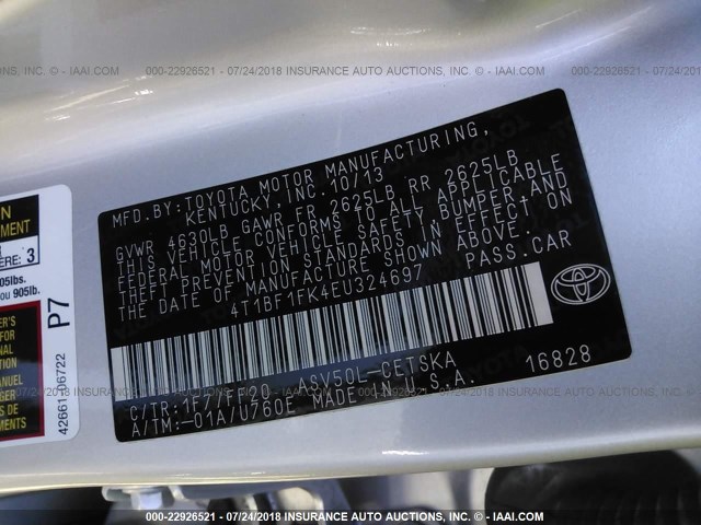 4T1BF1FK4EU324697 - 2014 TOYOTA CAMRY L/SE/LE/XLE 银色 照片 9