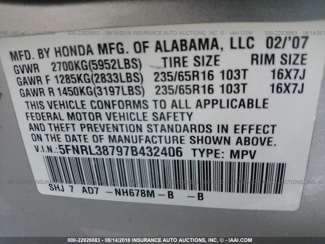 5FNRL38797B432406 - 2007 HONDA ODYSSEY EXL SILVER photo 9