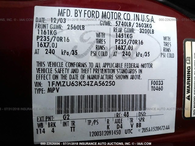 1FMZU63K34ZA56250 - 2004 FORD EXPLORER XLT/XLT SPORT/NBX 红色 照片 9