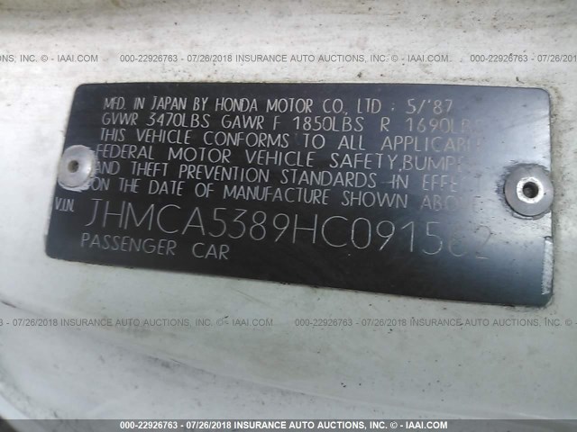 JHMCA5389HC091562 - 1987 HONDA ACCORD LXI WHITE photo 9