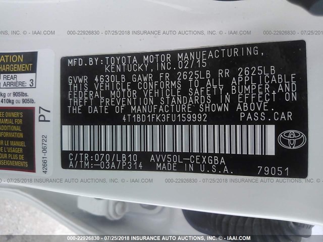 4T1BD1FK3FU159992 - 2015 TOYOTA CAMRY HYBRID/LE/XLE/SE WHITE photo 9