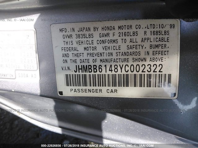 JHMBB6148YC002322 - 2000 HONDA PRELUDE SILVER photo 9