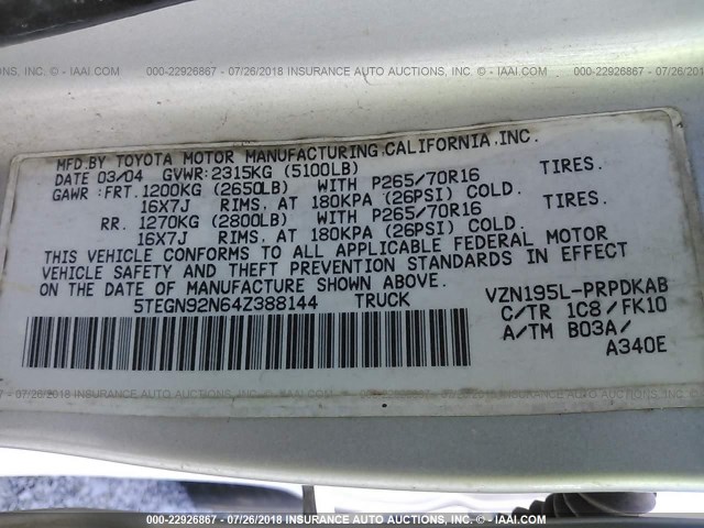 5TEGN92N64Z388144 - 2004 TOYOTA TACOMA DOUBLE CAB PRERUNNER SILVER photo 9
