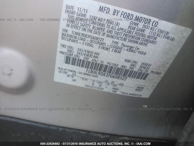 1LNHL9DK3FG608522 - 2015 LINCOLN MKS SILVER photo 9