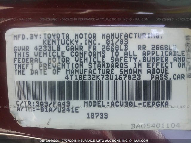 4T1BE32K73U167023 - 2003 TOYOTA CAMRY LE/XLE/SE Qırmızı foto 9