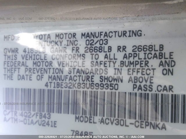 4T1BE32K83U699350 - 2003 TOYOTA CAMRY LE/XLE/SE Bej foto 9