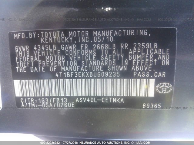 4T1BF3EKXBU609235 - 2011 TOYOTA CAMRY SE/LE/XLE GRAY photo 9