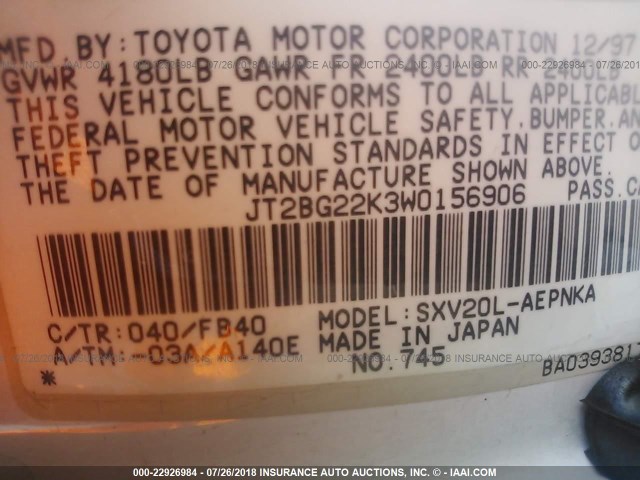 JT2BG22K3W0156906 - 1998 TOYOTA CAMRY CE/LE/XLE თეთრი ფოტო 9