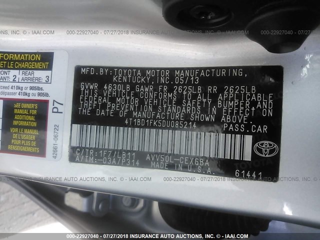 4T1BD1FK5DU085214 - 2013 TOYOTA CAMRY HYBRID/LE/XLE 银色 照片 9