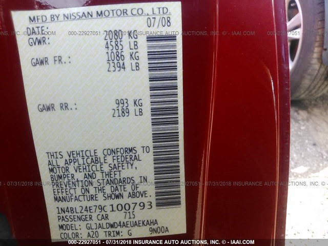 1N4BL24E79C100793 - 2009 NISSAN ALTIMA 3.5SE RED photo 9