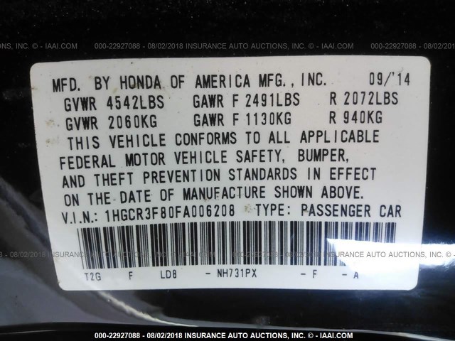 1HGCR3F80FA006208 - 2015 HONDA ACCORD EXL BLACK photo 9