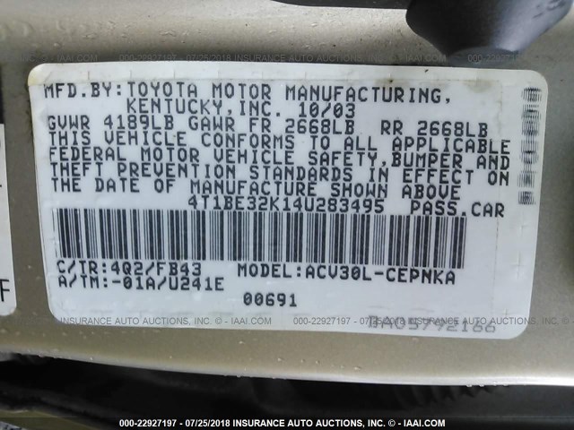 4T1BE32K14U283495 - 2004 TOYOTA CAMRY LE/XLE/SE 米色 照片 9