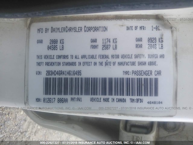 2B3HD46R41H616495 - 2001 DODGE INTREPID SE WHITE photo 9