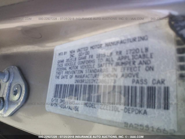 1NXBR12E0YZ386173 - 2000 TOYOTA COROLLA VE/CE/LE ბეჟი ფოტო 9