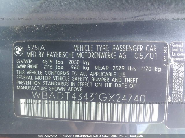 WBADT43431GX24740 - 2001 BMW 525 I AUTOMATIC BLUE photo 9