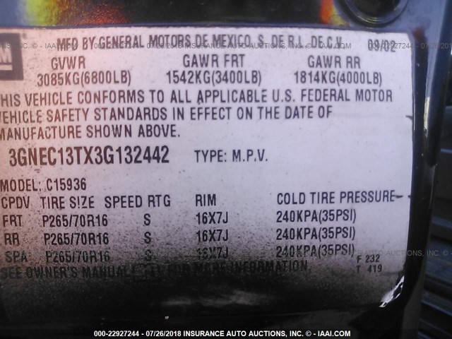 3GNEC13TX3G132442 - 2003 CHEVROLET AVALANCHE C1500 BLACK photo 9