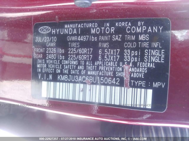 KM8JU3AC6BU150642 - 2011 HYUNDAI TUCSON GLS/LIMITED RED photo 9