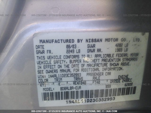 1N4AL11D23C352993 - 2003 NISSAN ALTIMA S/SL SILVER photo 9