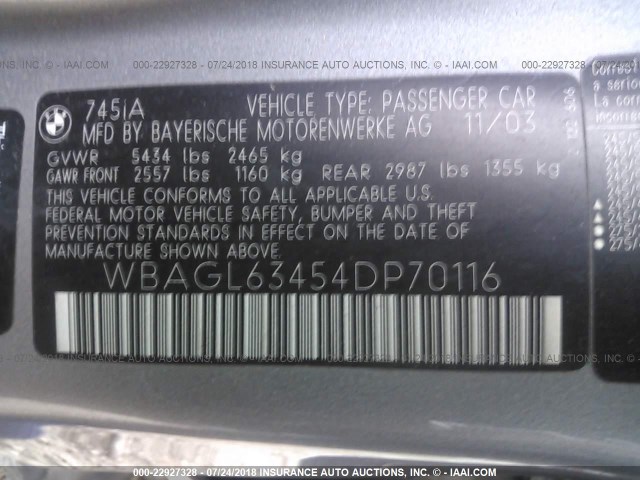 WBAGL63454DP70116 - 2004 BMW 745 I GRAY photo 9