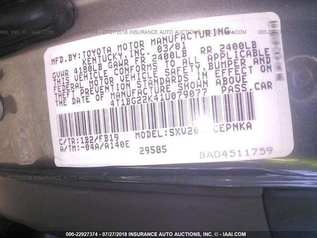4T1BG22K41U079077 - 2001 TOYOTA CAMRY CE/LE/XLE GRAY photo 9