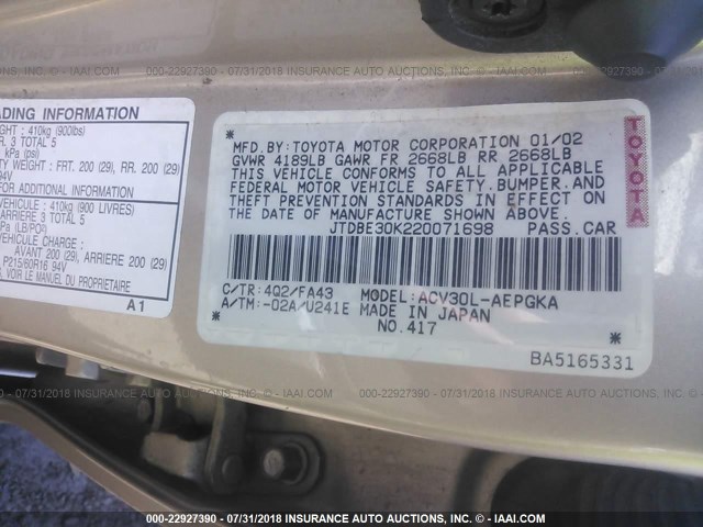 JTDBE30K220071698 - 2002 TOYOTA CAMRY LE/XLE/SE 金色 照片 9