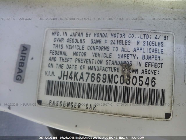 JH4KA7669MC030546 - 1991 ACURA LEGEND L WHITE photo 9