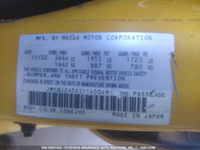 JM1BJ245X31145049 - 2003 MAZDA PROTEGE PR5 黄色 照片 9